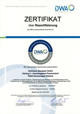 Firma Oehlckers Landschaftspflege und Dienstleistungsbetrieb - Zertifikat dwa